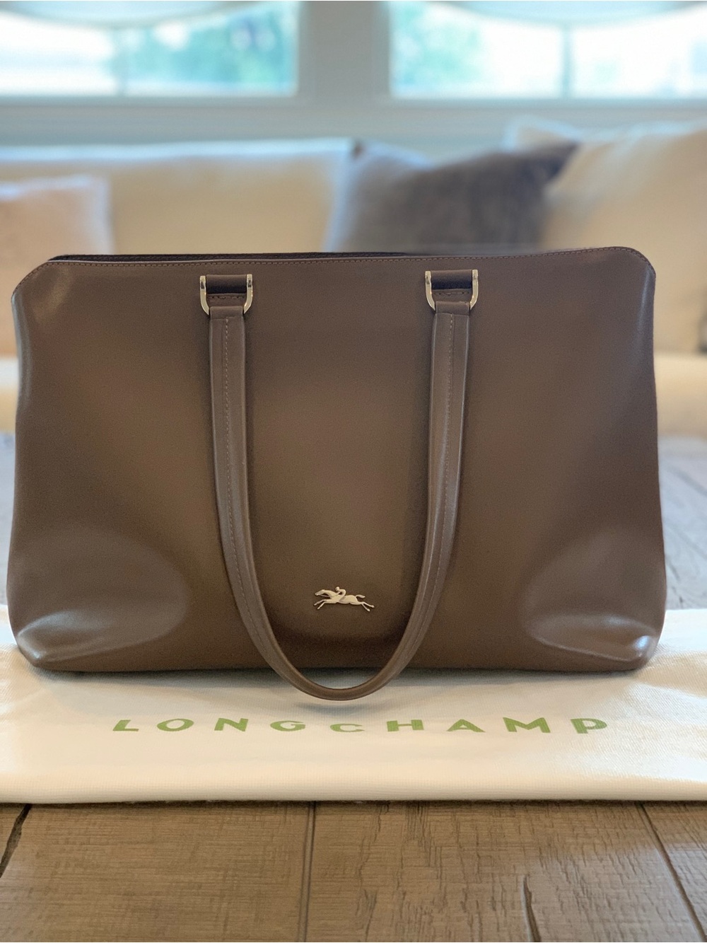 Longchamp Paris Leather Zip Tote Medium Taupe (015) Bag w/ Dust Bag EUC - Picture 2 of 10